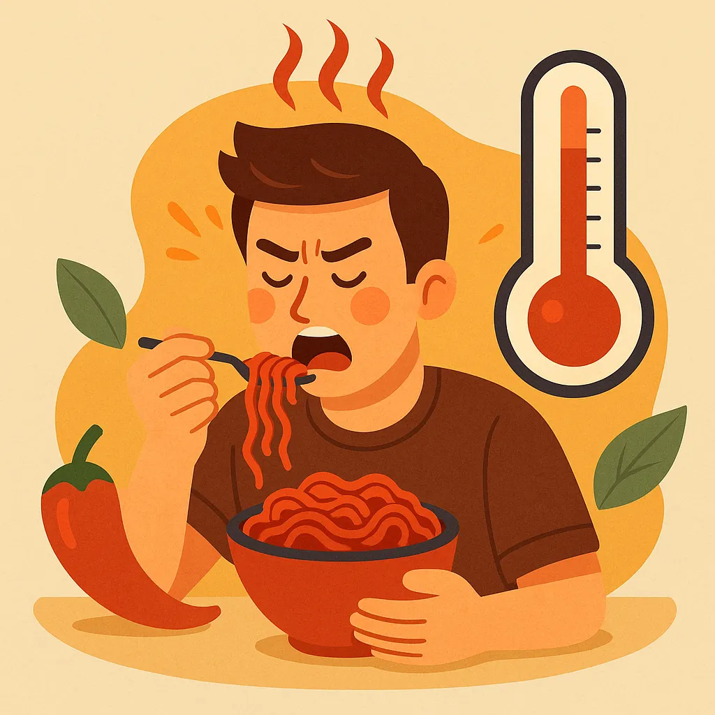 매운-음식이-체온을-올리는-이유를-상징적으로-표현한-일러스트-이미지로-고추와-체온계-그리고-체온이-상승하는-장면을-묘사