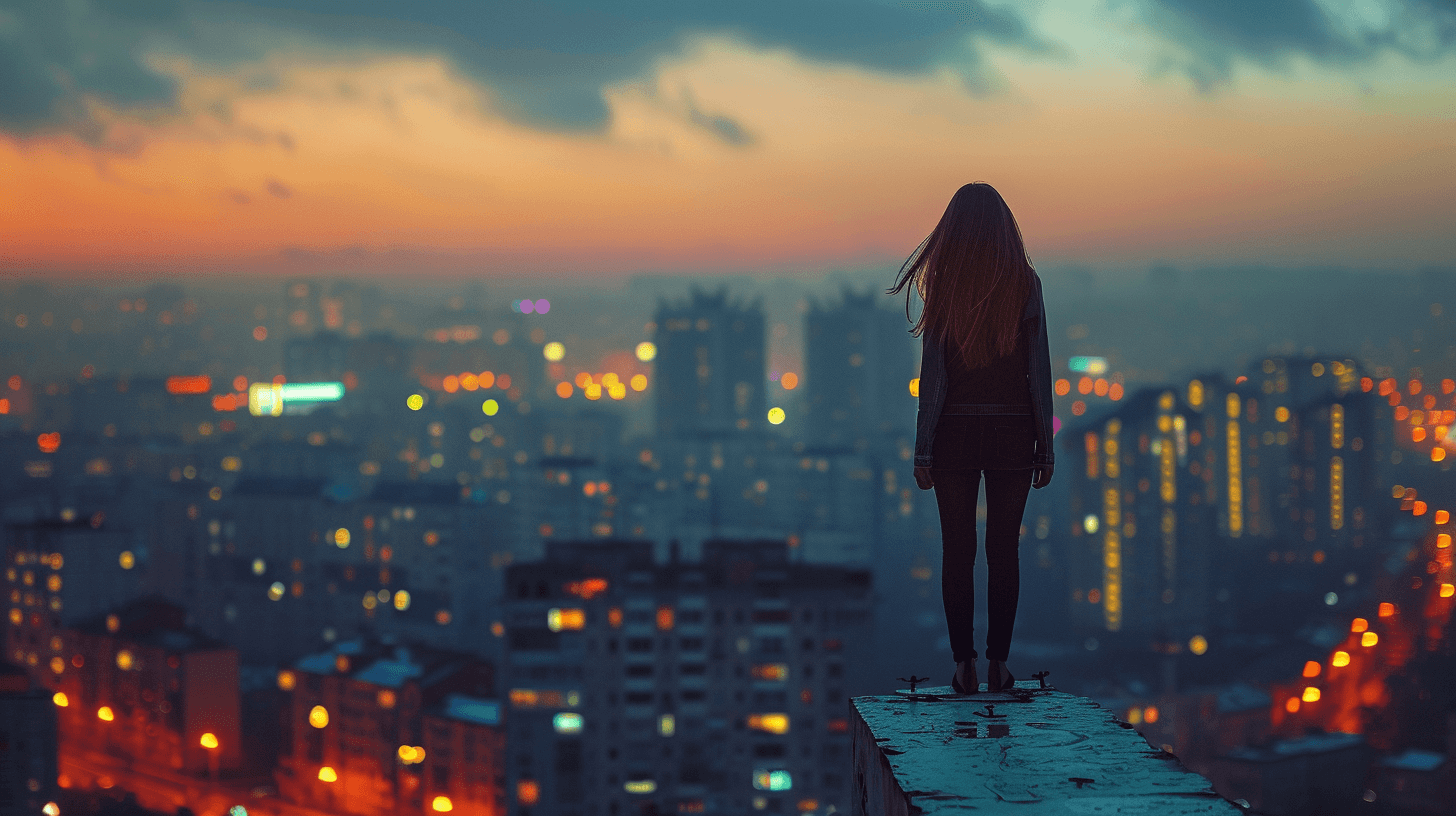 도심-옥상의-끝에-서-있는-여자