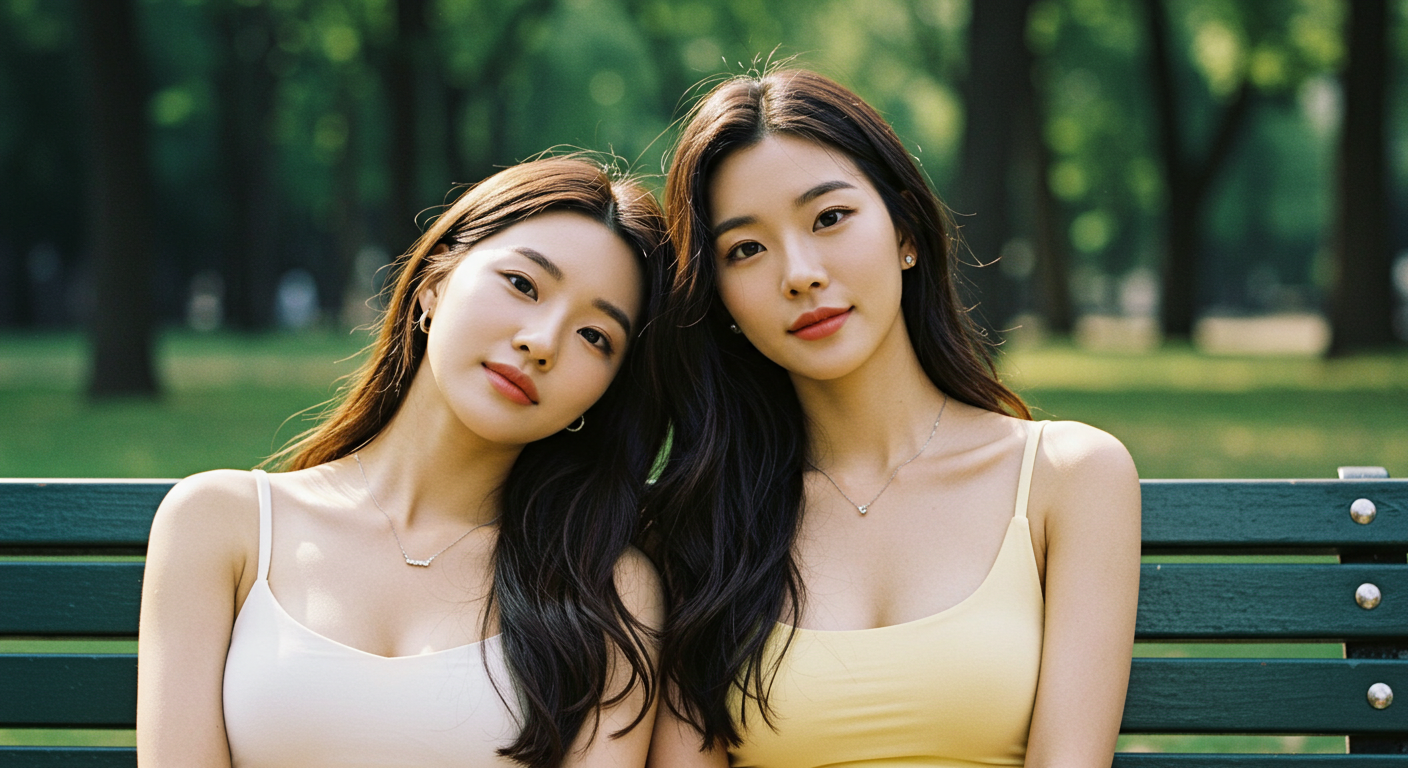 공원 벤치에서 쉬고있는 여자들