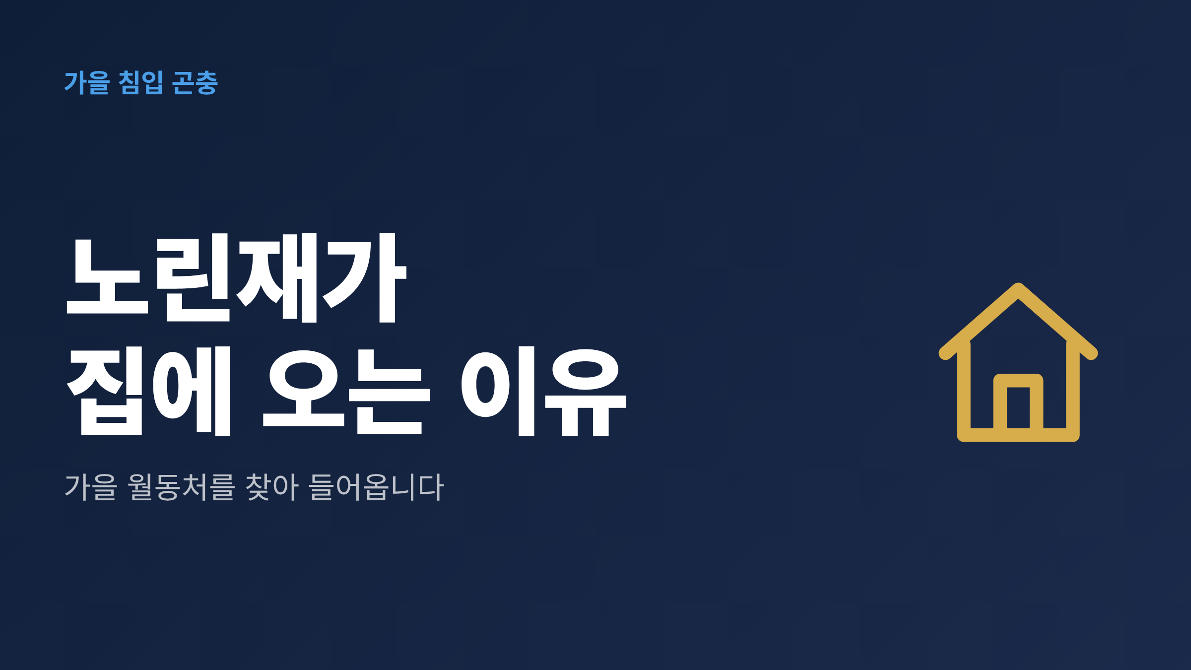 노린재가 집에 오는 이유, 가을 월동처를 찾아 들어온다는 문구와 집 모양 아이콘이 있는 네이비 배경 대표 이미지