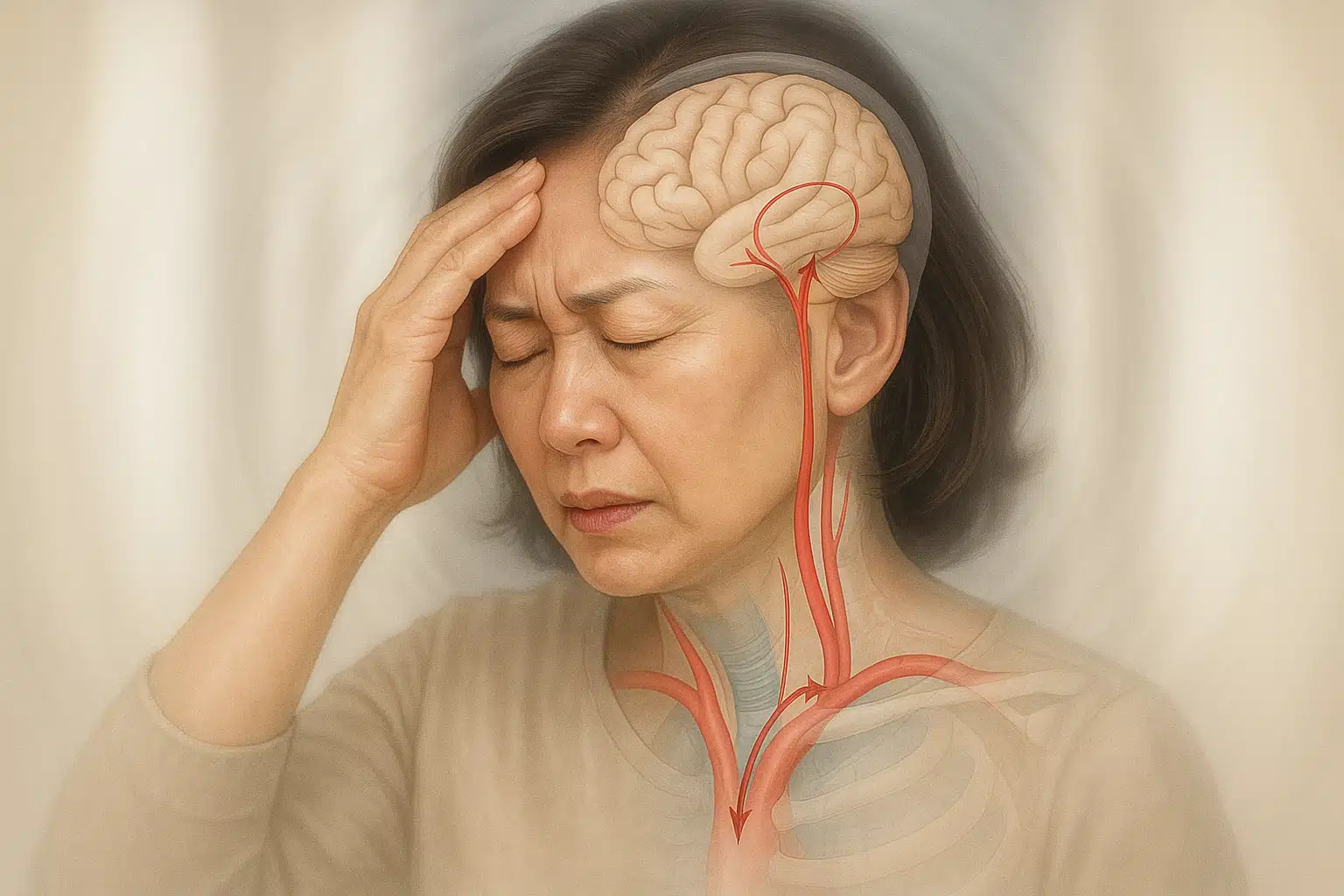 머리를 짚고 있는 사람, 목과 뇌혈류 연결을 보여주는 해부학적 일러스트, 흐려진 시야나 어지럼증 표현 효과