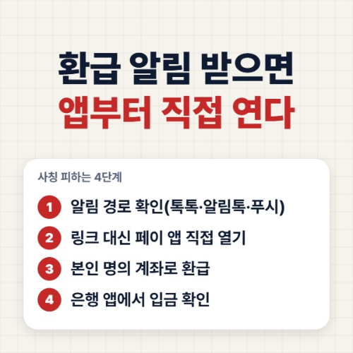 환급 알림 받았을 때 4단계 그림, 알림 경로 확인 앱 직접 열기 본인 계좌 선택 입금 확인