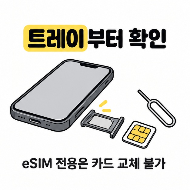 스마트폰과 유심 핀 및 카드로 물리 유심 지원 여부와 준비물 확인을 설명하는 그림