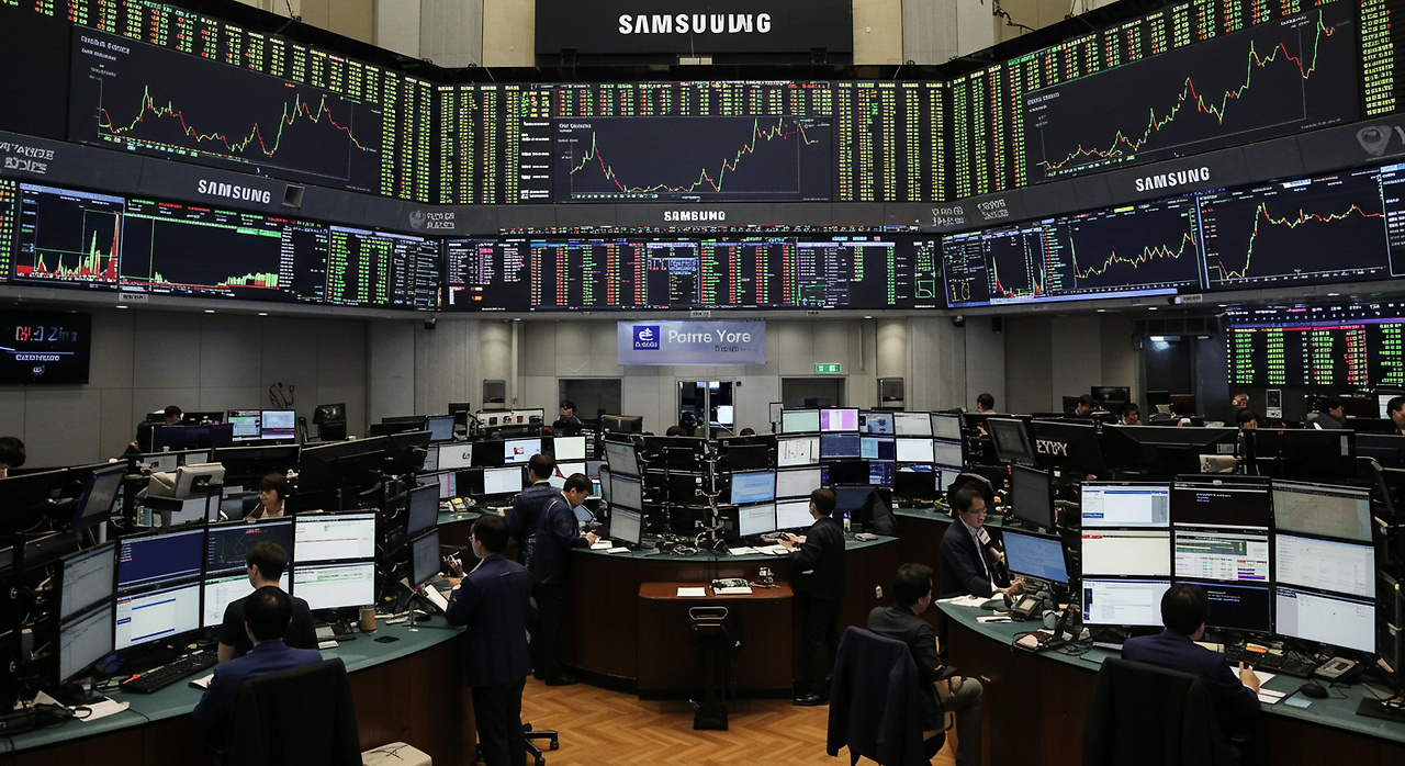 한국 증권거래소에서 트레이더들이 모니터로 삼성전자 주가 상승을 지켜보는 모습