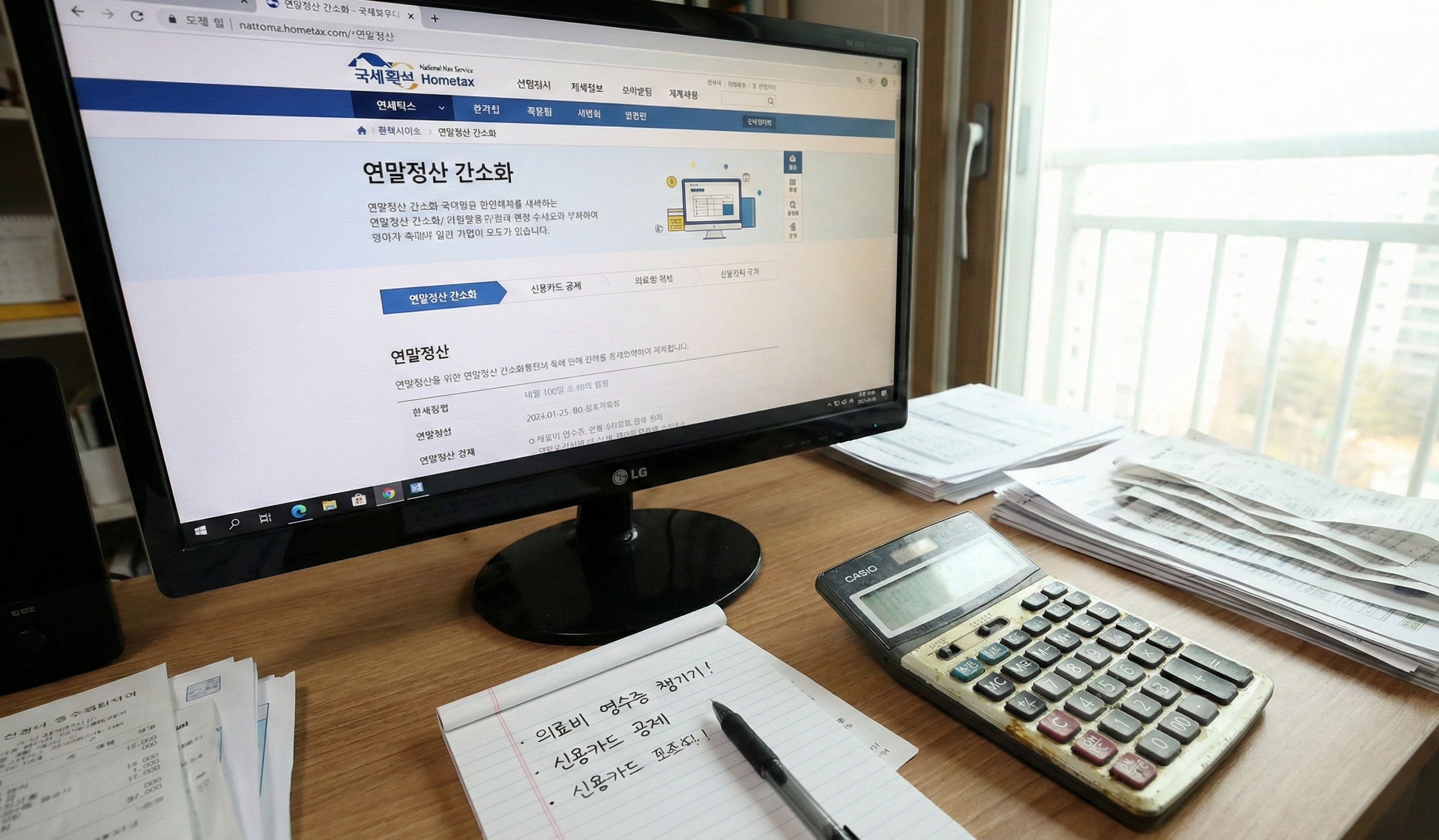 홈택스 연말정산 간소화 서비스 화면과 영수증, 계산기가 놓인 책상 모습|2025 연말정산 간소화 조회 안내 이미지