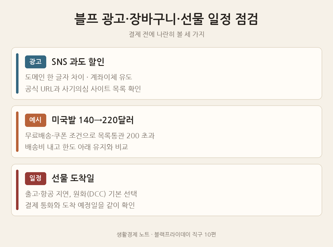 블프 결제 전 점검 세 가지: SNS 과도 할인 광고 확인, 미국발 장바구니 140달러에서 220달러로 늘 때 목록통관 200달러 초과, 선물 도착일과 결제 통화