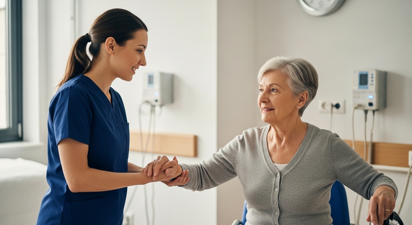 전문 간병인의 도움을 받으며 편안하게 요양 서비스를 받는 고령 여성.