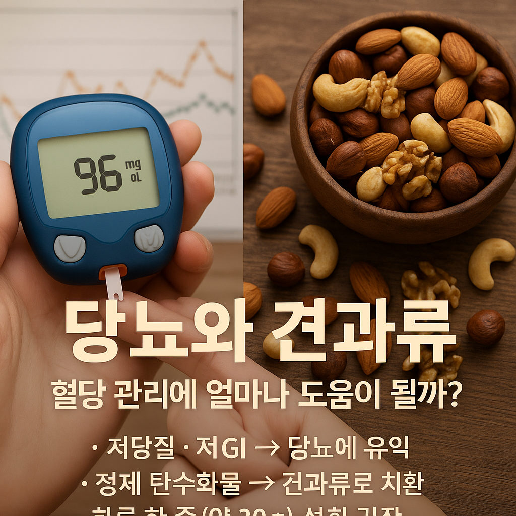 실사 톤 이미지: 손에 혈당 측정기를 들고 있는 모습과 옆에 아몬드, 호두, 캐슈넛 등이 담긴 나무 그릇이 놓여 있는 장면. 이미지에는 '당뇨와 견과류 – 혈당 관리에 얼마나 도움이 될까?'라는 글자가 크게 쓰여 있음