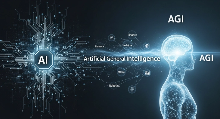 인공지능(AI)이 범용인공지능(AGI)으로 진화하는 미래 기술 시대를 표현한 이미지. 복잡한 AI 회로망에서 빛나는 AGI 두뇌로 확장되며 금융, 헬스케어 등 다양한 산업 분야와의 연결을 보여줍니다.