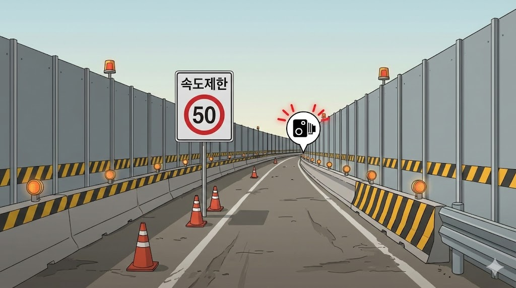 펜스가 설치되고 차선이 줄어든 인천대로 공사 현장 일러스트