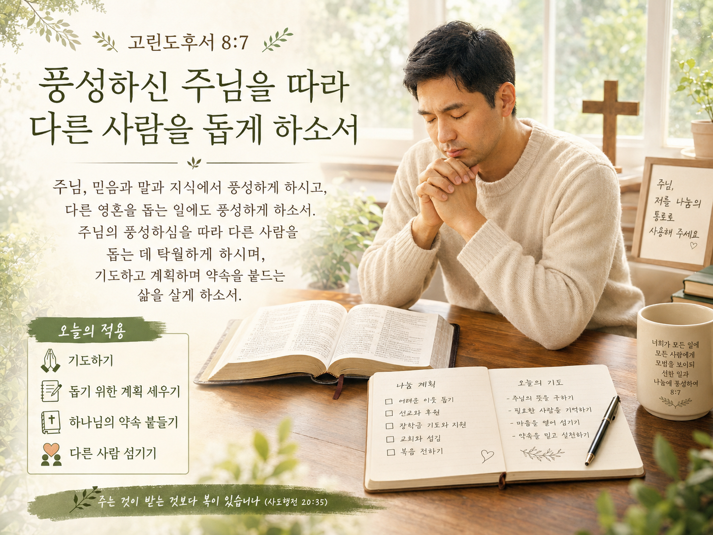 고후 8:7 말씀에서 믿음과 말과 지식에서 풍성함과 함께 특히 다른 영혼을 돕는 것에도 풍성하여 주님의 풍성하심을 따라 다른 사람을 돕는 것에도 탁월하게 되기 위해 주님께 간절히 기도하고 계획을 세우며&amp;#44; 약속을 주장하는 시간을 갖는 모습입니다.