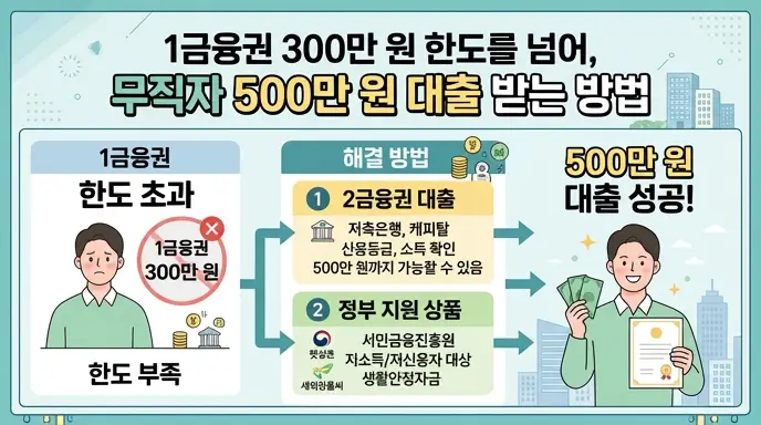 1금융권 300만 원 한도를 넘어 2금융권과 정부 지원을 통해 무직자 500만 원 대출을 받는 방법을 보여주는 인포그래픽
