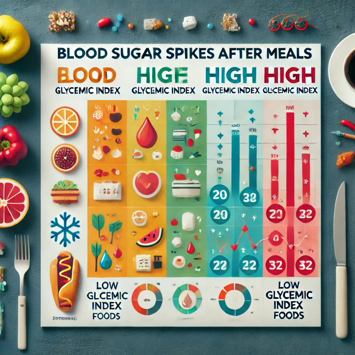 음식 종류에 따른 식후 혈당 변화를 비교한 차트로, 저혈당 지수와 고혈당 지수 음식을 강조.