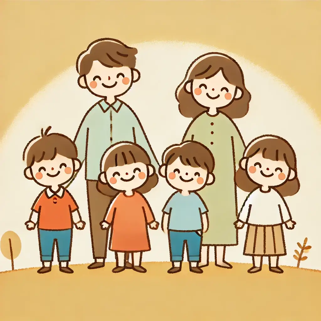 네 자녀와 함께 행복하게 미소 짓는 가족의 모습.