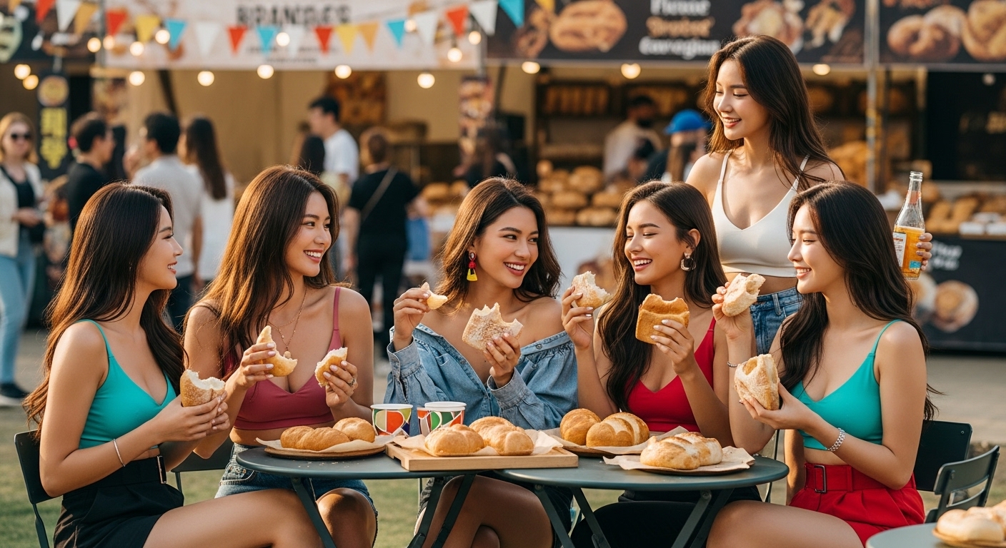 빵축제에 참가해 빵을 먹고있는 여자들.