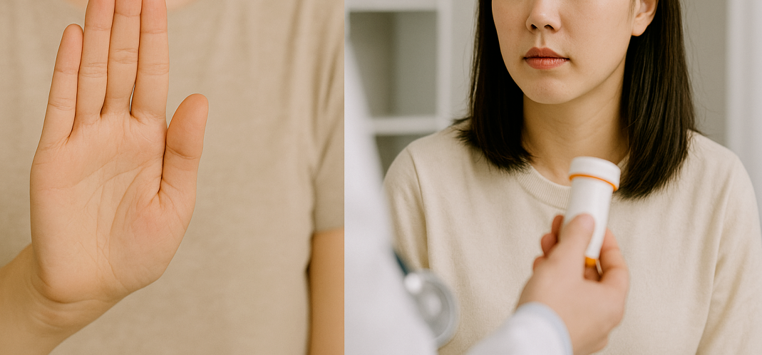 식중독 증상이 있을 때 음식 섭취를 중단하고 병원을 찾아야 한다는 메시지를 담은 경고성 이미지, 실제 대처법을 시각적으로 표현함