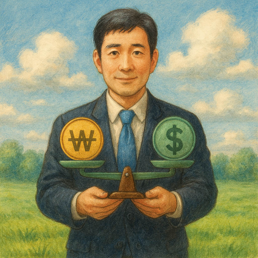 사람이 원화(₩)와 달러($) 동전이 놓인 저울을 들고 외환 시장의 균형을 유지하려는 일러스트.