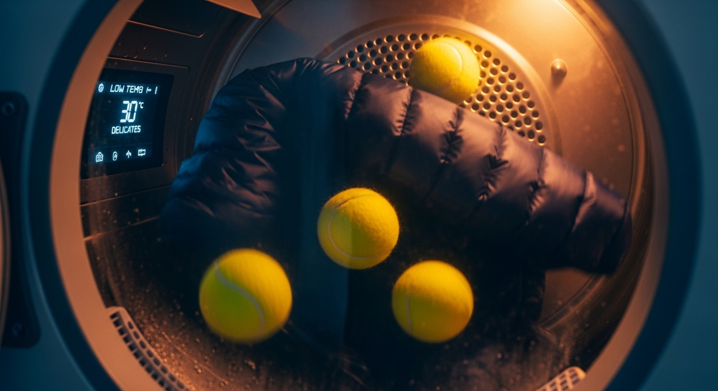 건조기 속 테니스공이 패딩을 두드리는 모습