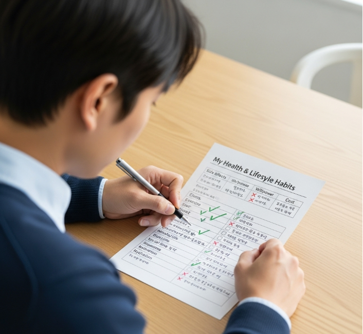 한 사람이 자신의 건강 상태와 생활 습관을 스스로 평가하며 체크리스트를 작성하고 있다. 체크리스트는 '부작용', '의지', '비용' 등의 키워드로 구성되어 있다