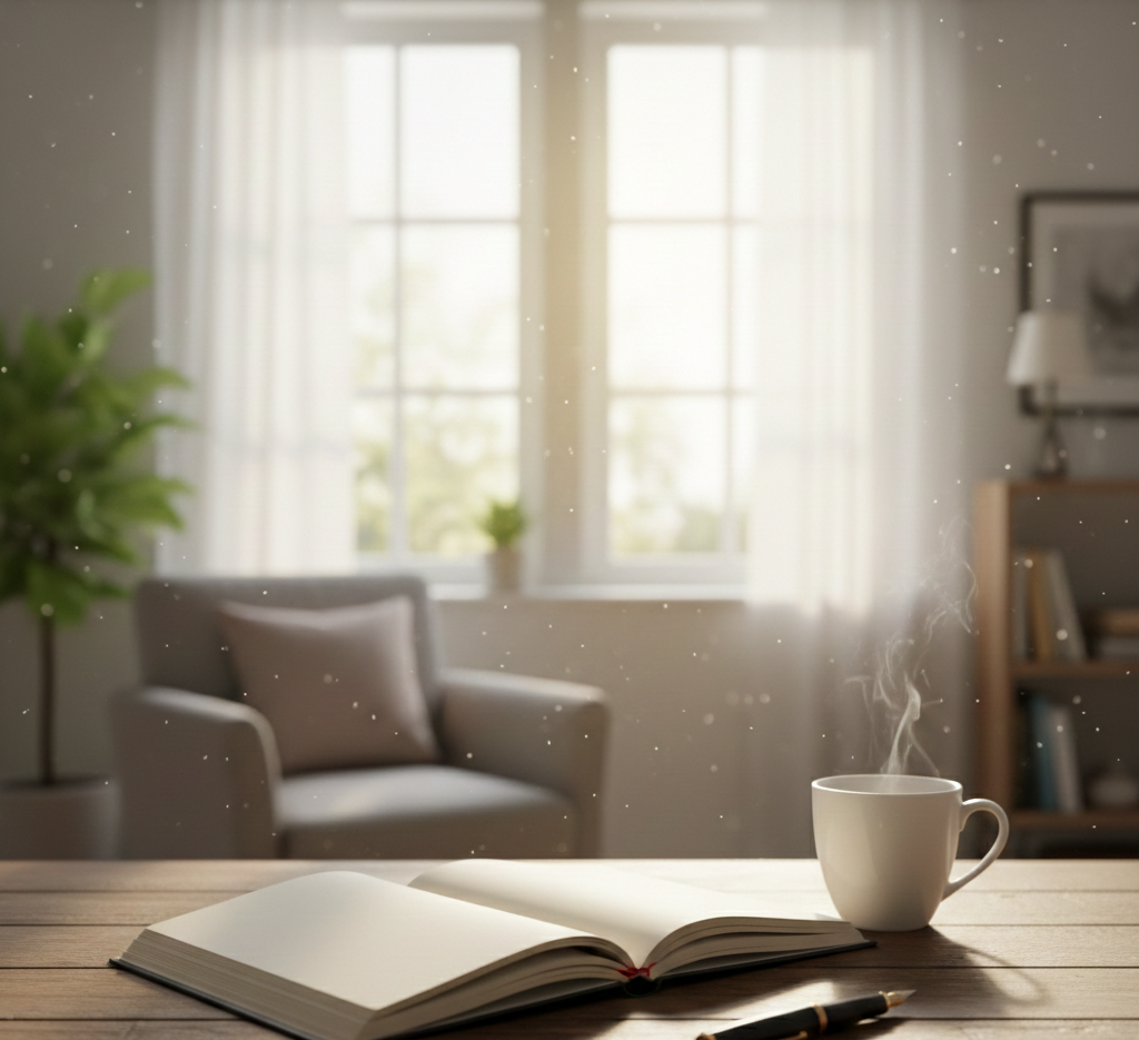 따뜻한 햇살이 비치는 창가 옆 나무 책상 위에 펼쳐진 빈 노트와 검은색 만년필, 그리고 김이 모락모락 나는 하얀색 커피잔이 놓여 있는 평온한 분위기의 실내 사진. 배경에는 안락의자와 화분이 흐릿하게 배치되어 있어 아늑하고 정적인 사색의 시간을 연상시킵니다.