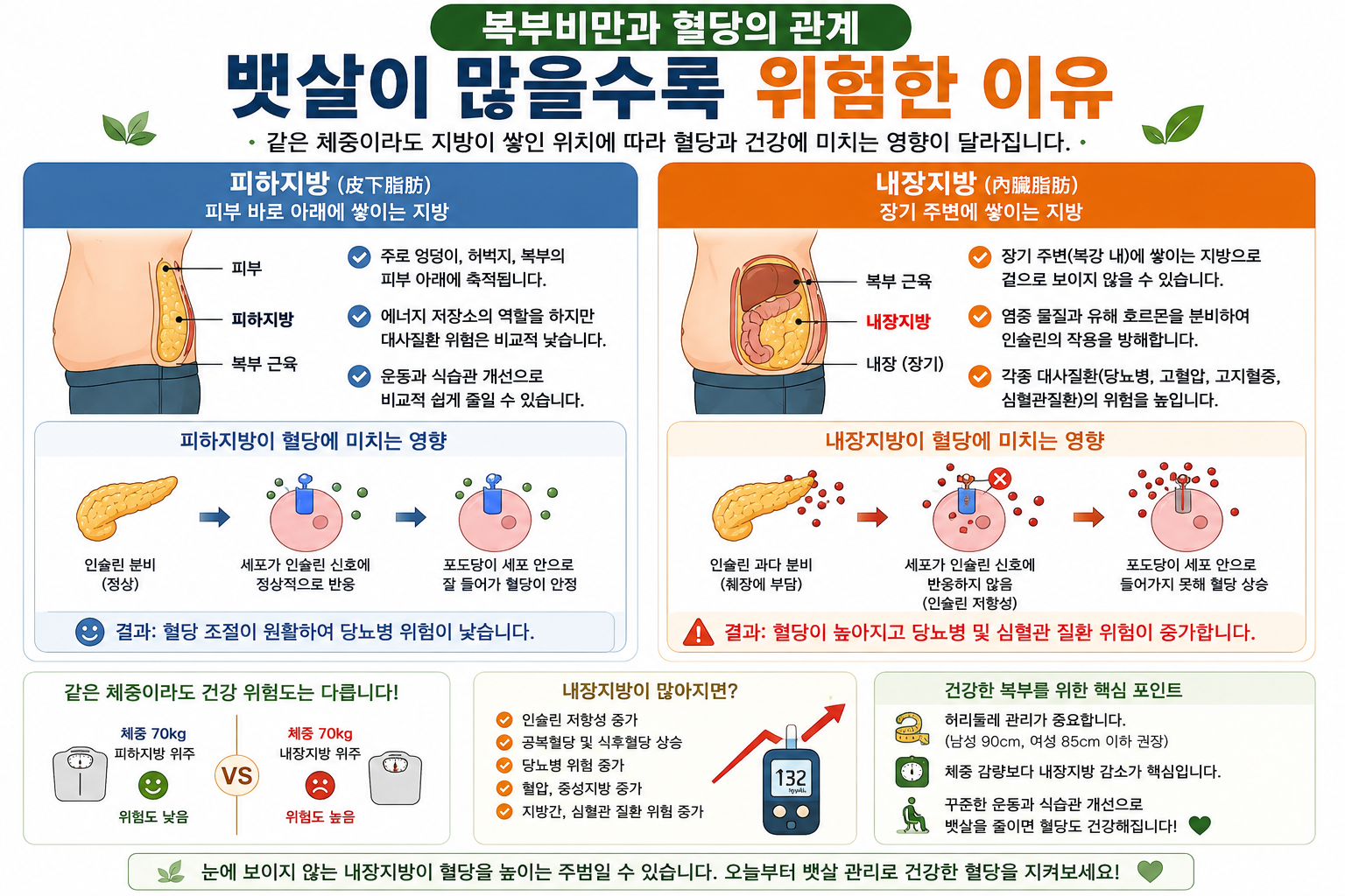 피하지방과 내장지방의 위치 및 혈당 관계를 설명하는 그림