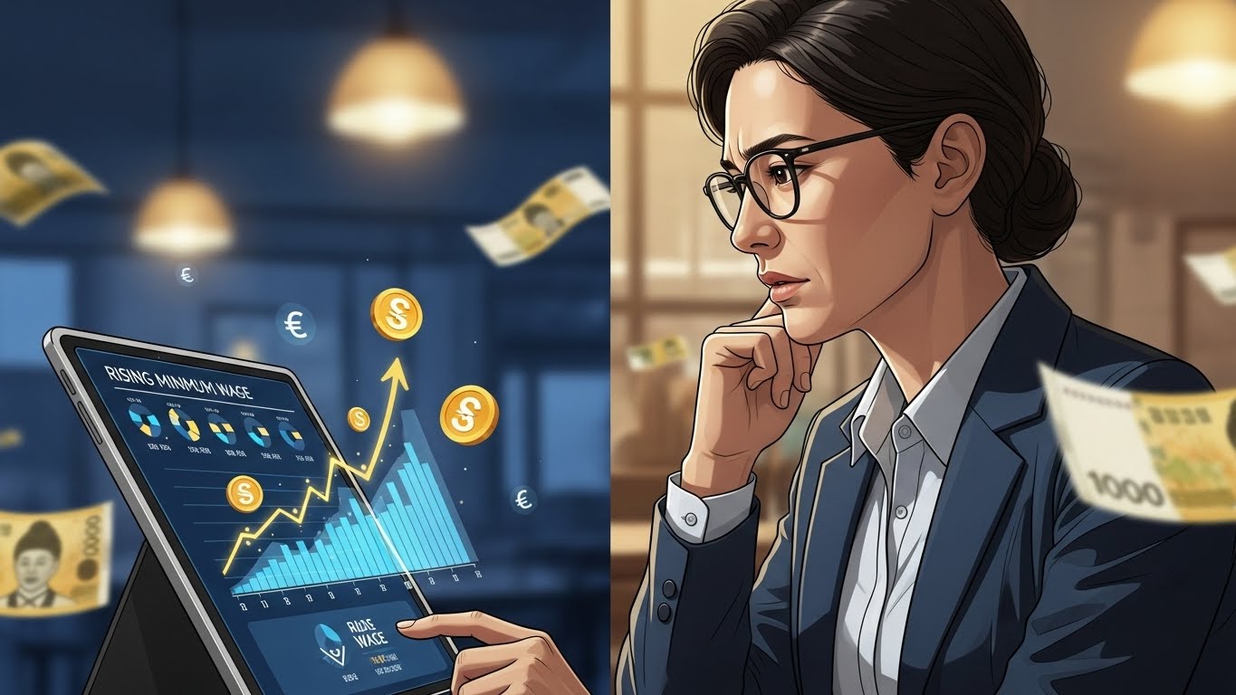 화면을 반으로 나눈 이미지 - 왼쪽은 태블릿에 상승하는 금융 차트와 달러/원 화폐 아이콘이 표시되고, 오른쪽은 안경 쓴 비즈니스 여성이 손을 턱에 대고 진지하게 사색하는 모습으로 투자 결정 과정을 표현