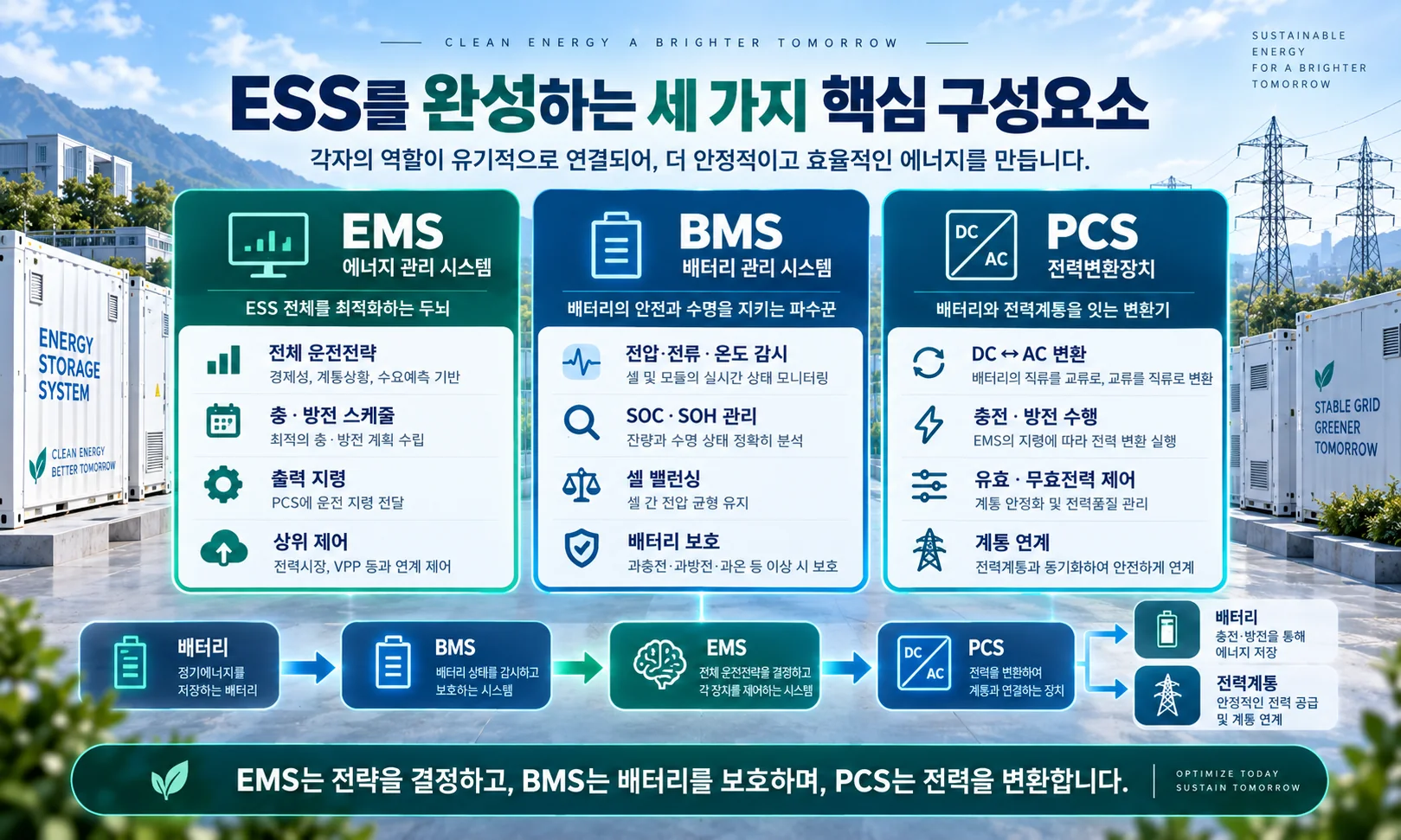 ESS를 구성하는 EMS BMS PCS의 역할과 에너지 관리 배터리 보호 전력변환 기능 비교
