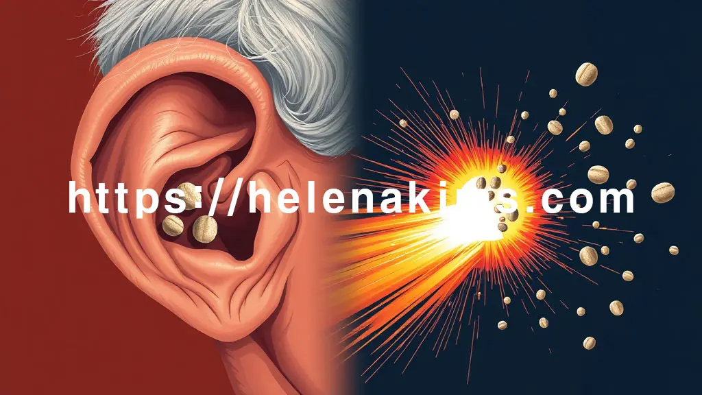 이미지 왼쪽에는 귀 내부의 이석들이 본래 위치에서 이탈하는 모습, 오른쪽에는 강한 충격파가 귀 주변을 흔들고 이석들이 흩어지는 일러스트로 표현한 이미지.