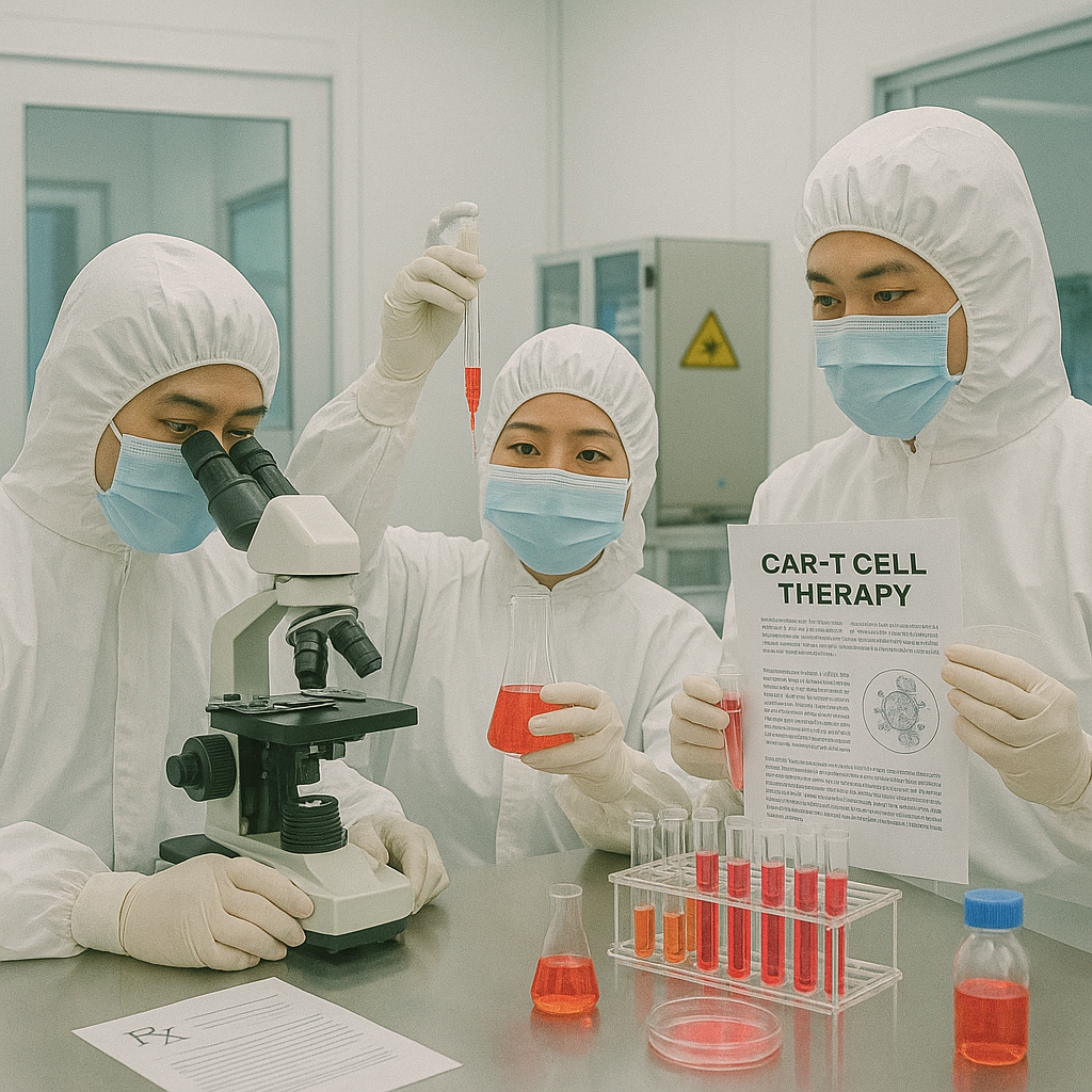 CAR-T 세포치료제 연구를 위한 클린룸에서 작업하는 연구원들