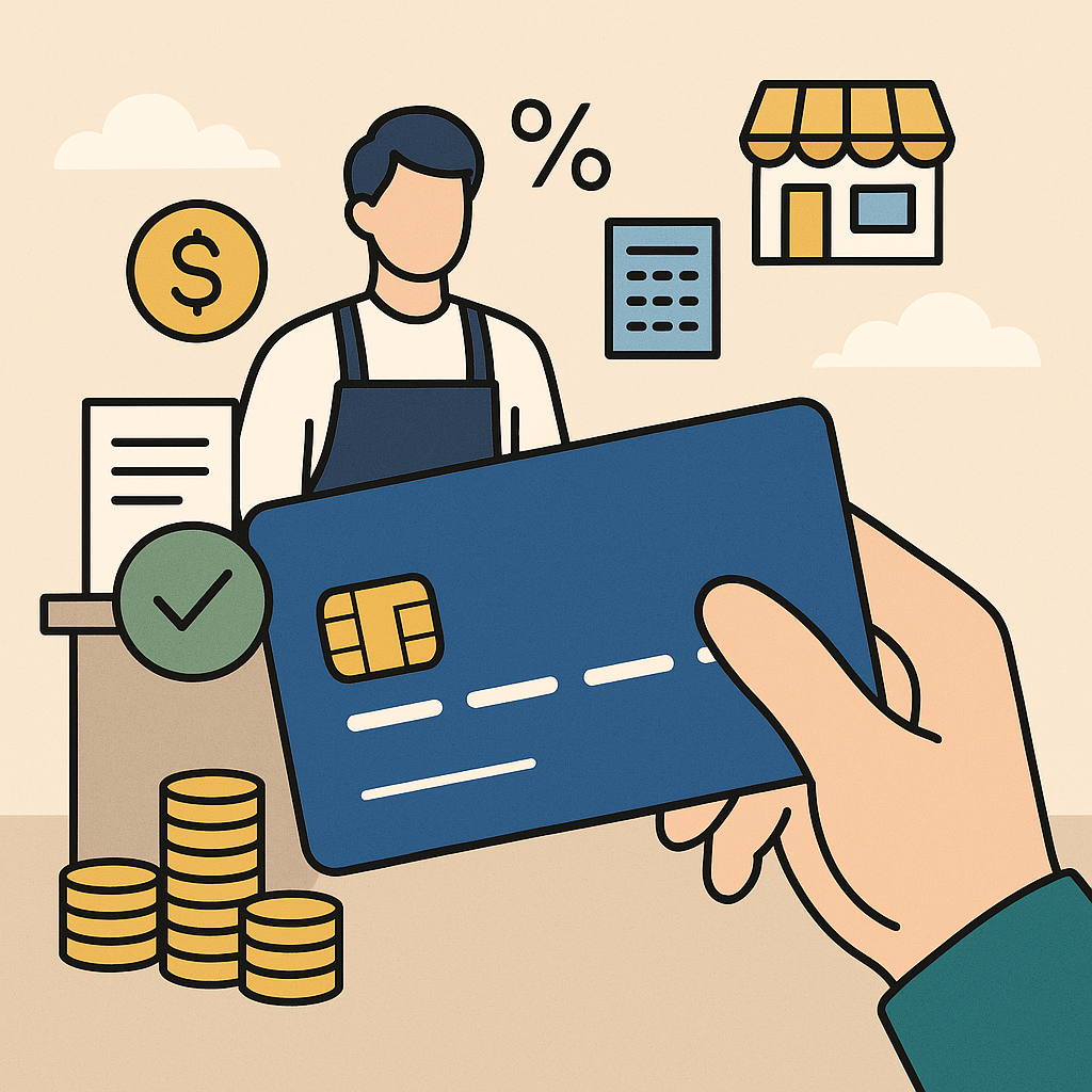 소상공인 지원 크레딧 카드로 결제하는 소상공인과 금융 지원을 상징하는 일러스트