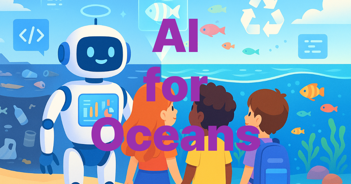 AI for Oceans 코딩 교육 - 어린이들이 인공지능으로 바다를 보호하는 방법을 배우는 교육 프로그램 일러스트