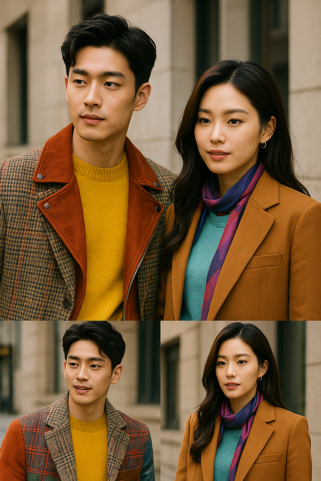 컬러와 소재의 조합으로 개성을 표현한 레이어링 패션