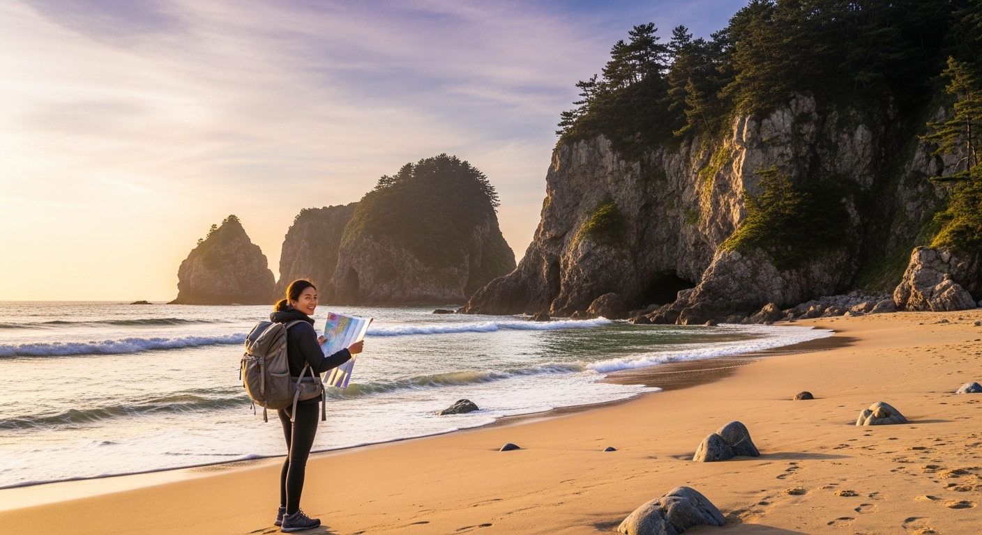 한적하고 아름다운 국내의 숨겨진 해변에서, 한 여행자가 행복한 표정으로 지도를 보고 있는 모습
