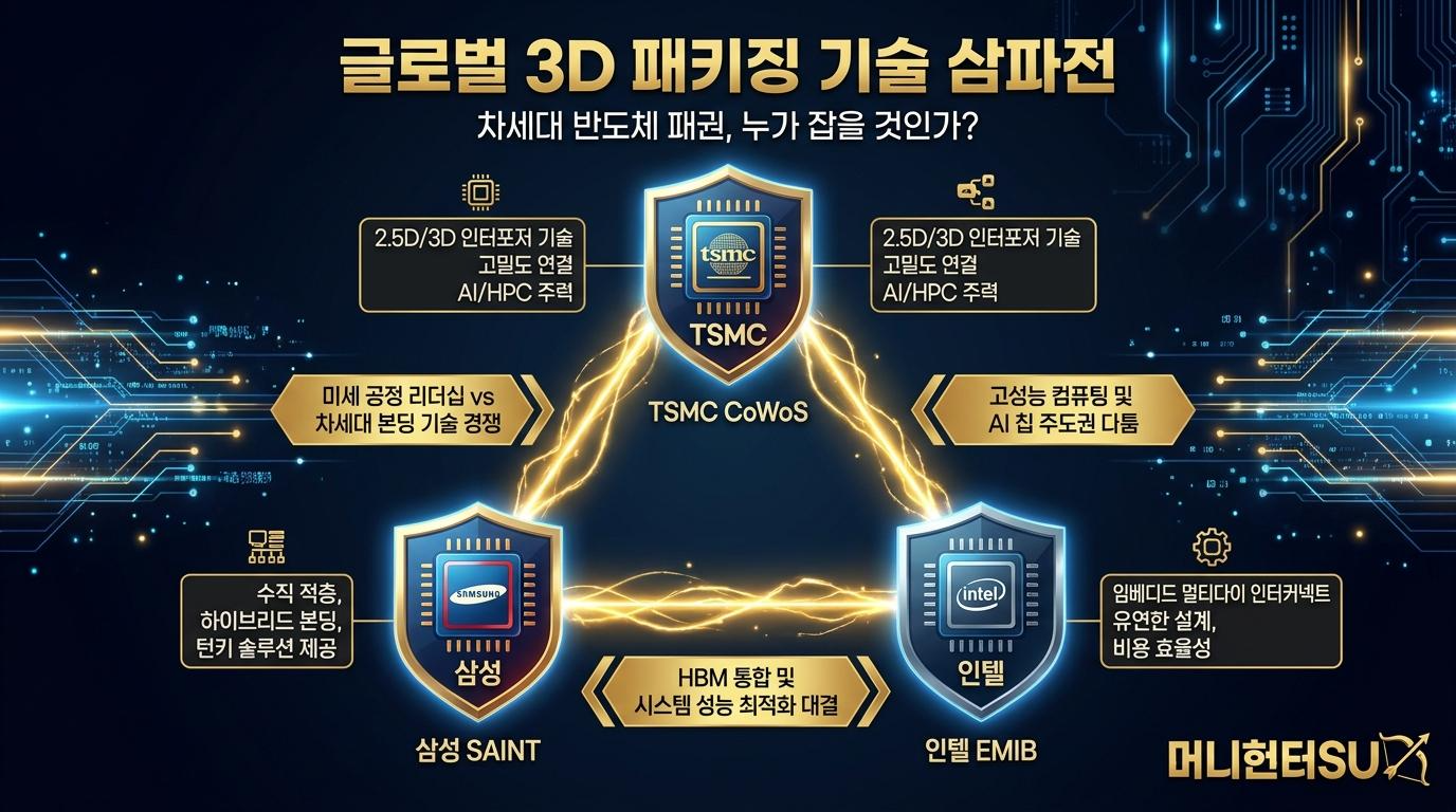 TSMC CoWoS 삼성 SAINT 인텔 EMIB 글로벌 3D 패키징 기술 경쟁 구도 다이어그램