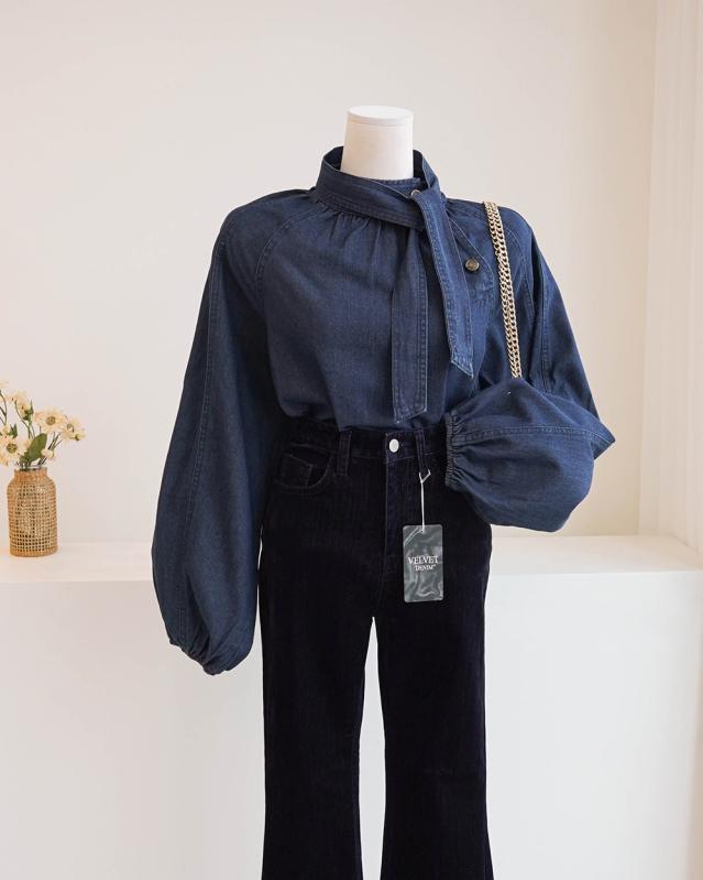 라이브 비프렌 하이넥 버튼 벌룬 소매 데님 블라우스 끈세트