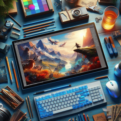 키보드와 마우스가 놓여 있는 책상 위, 모니터에 판타지 스타일의 산악 풍경이 표시된 작업 공간.