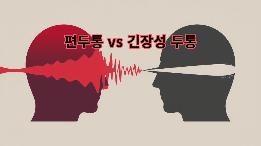 한쪽은 붉은 박동 파형(편두통), 다른 쪽은 회색 띠 모양 압박(긴장성 두통)으로 나뉜 머리 실루엣을 단순 아이콘 스타일로 표현한 비교 썸네일 이미지.