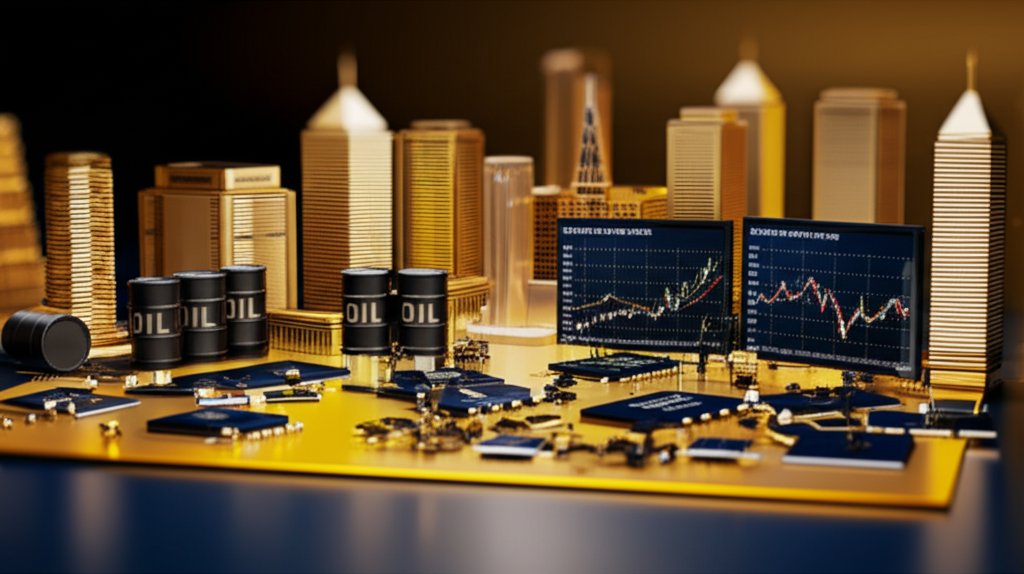 2026년 코스피 시장의 변동성과 반도체 주도의 성장, 중동 리스크를 담은 미니어처 디오라마 스타일, 틸트시프트 효과 이미지