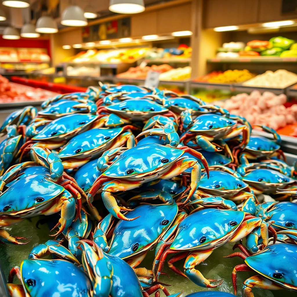 밝고 윤기 나는 푸른색을 띠며, 다리가 온전히 붙어 있고 활발하게 움직이는 싱싱한 꽃게들이 수산 시장 수조에 담겨 있는 모습입니다. 배경은 깔끔한 시장 또는 마트 수산 코너 분위기로, 신선함이 느껴지도록 연출합니다.