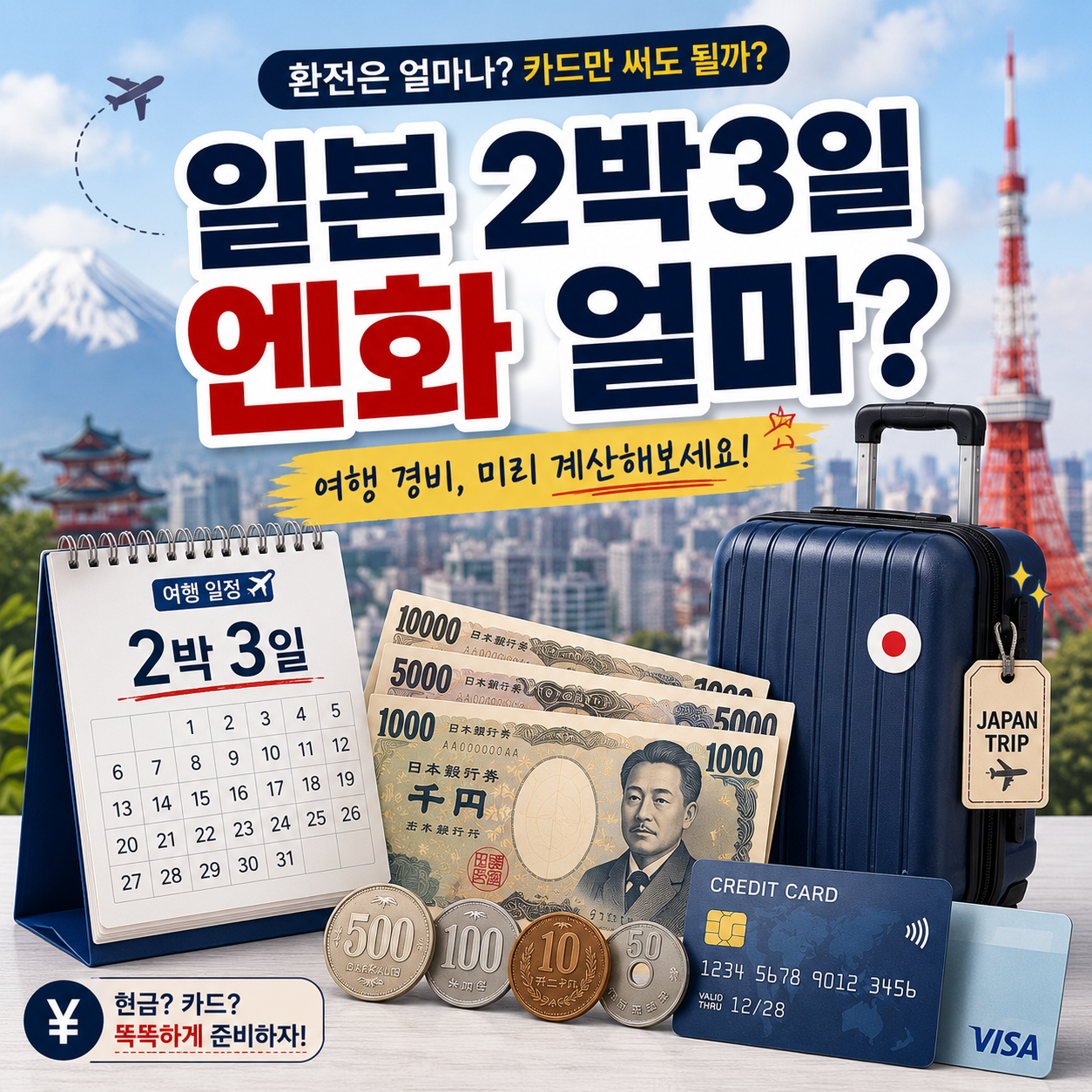 일본 2박3일 여행에서 필요한 엔화 현금과 카드 환전 금액을 보여주는 이미지