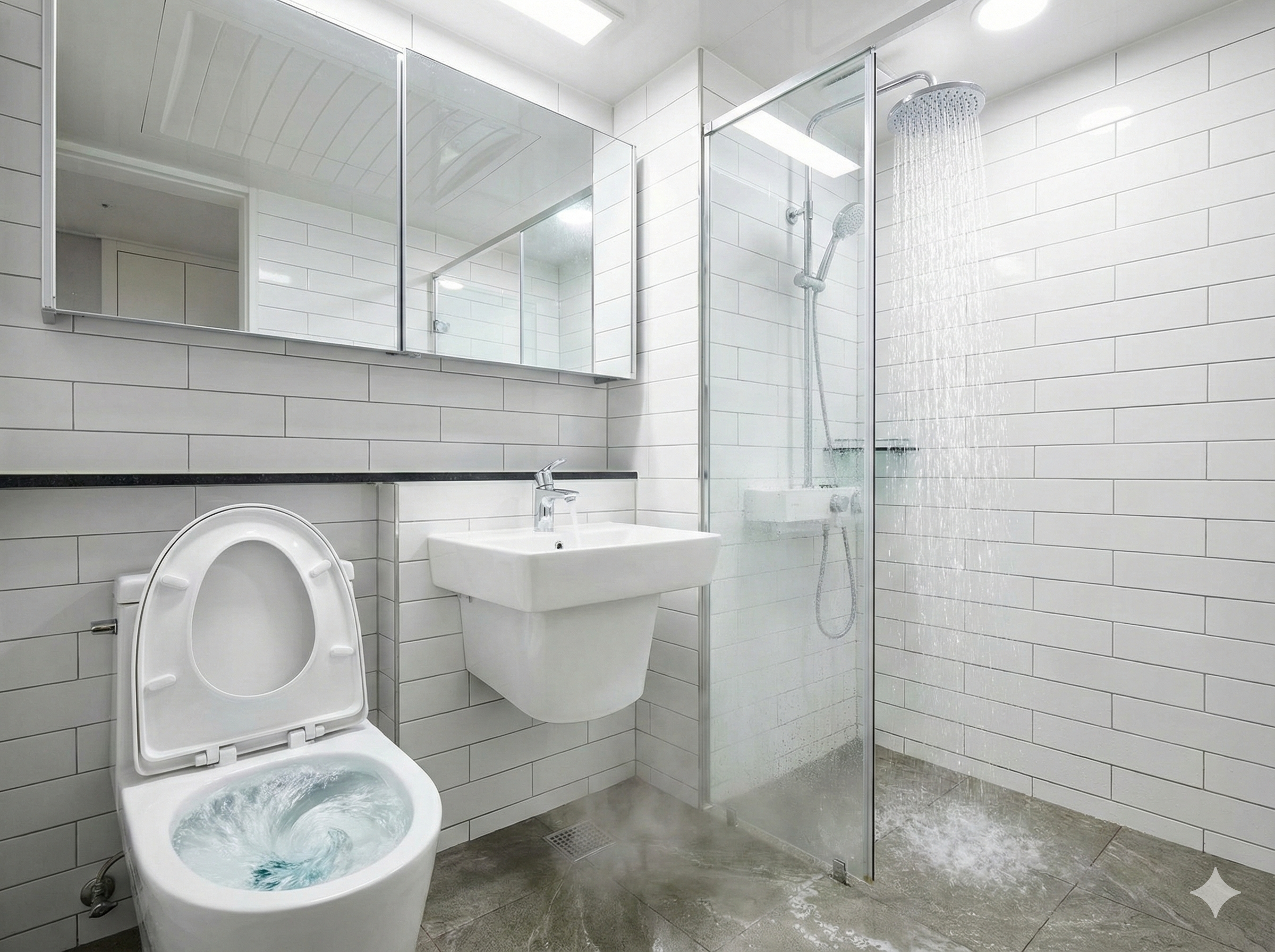 세면대 물을 틀어놓고 변기 물을 내리며 수압을 테스트하는 장면