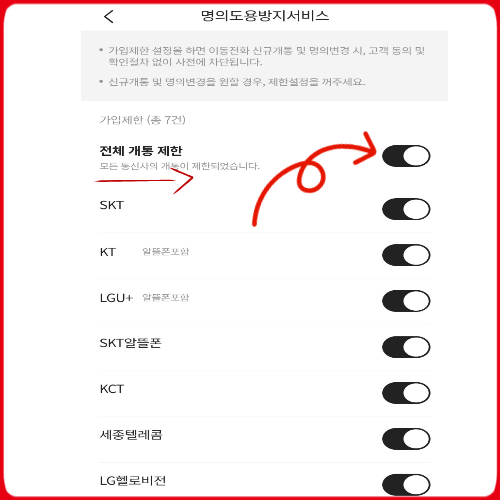 명의도용 서비스 통신사 전체 개통 제한