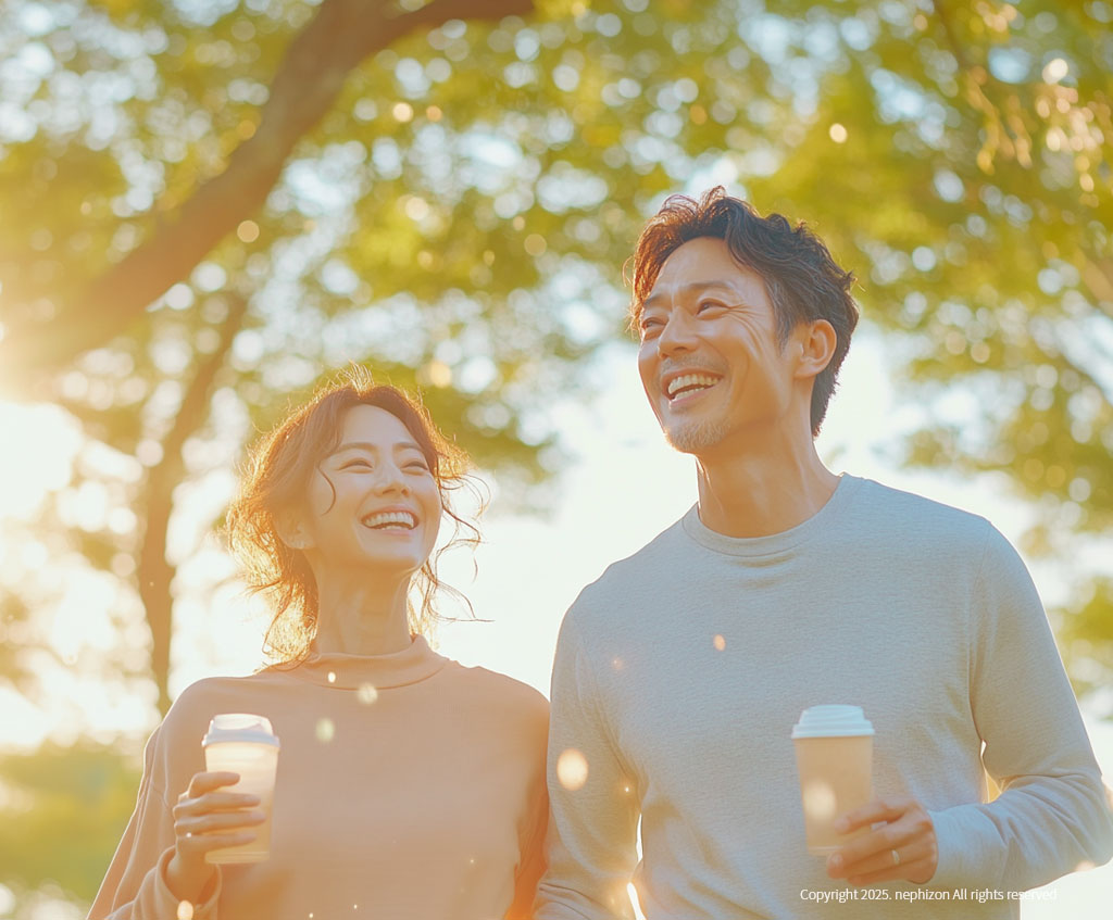규칙적인 걷기 운동중인 중년 부부의 활기찬 모습