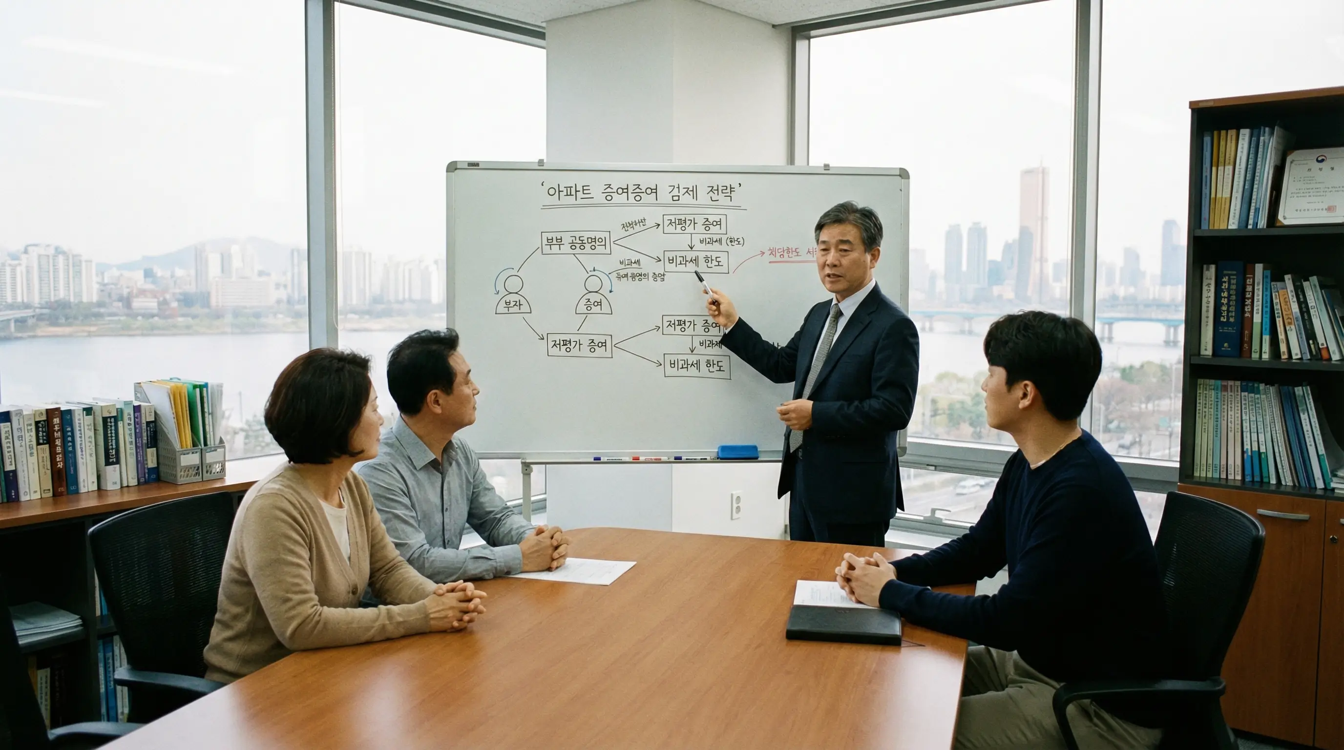 한국인 세무사가 사무실에서 고객 가족에게 아파트 증여세 절세 전략을 화이트보드에 도식화하며 설명하는 전문적인 장면