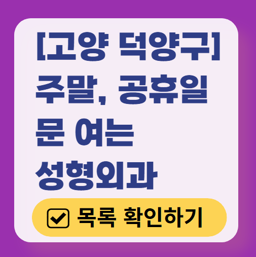고양시 덕양구 주말 문 여는 성형외과 병원 추천 리스트 ❘ 토요일, 일요일, 공휴일 진료 목록(쌍꺼풀, 눈재수술, 리프팅, 보톡스 잘하는 곳은?)
