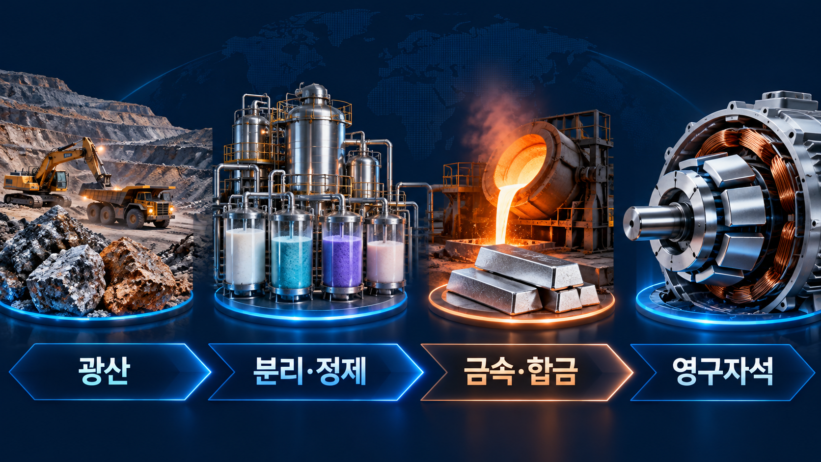 광산에서 분리 정제와 금속 합금을 거쳐 영구자석으로 이어지는 희토류 가치사슬