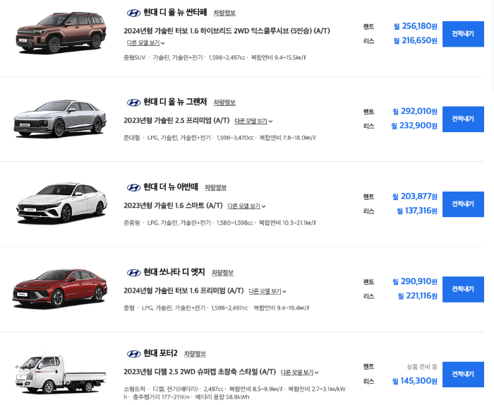 장기렌트카 가격표