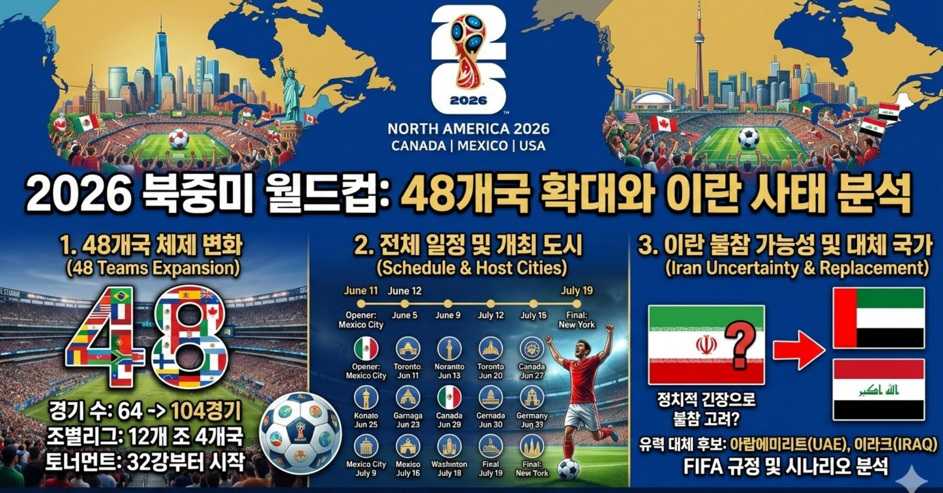 2026 북중미 월드컵 48개국 참가 일정, 개최 도시, 이란 불참 시나리오