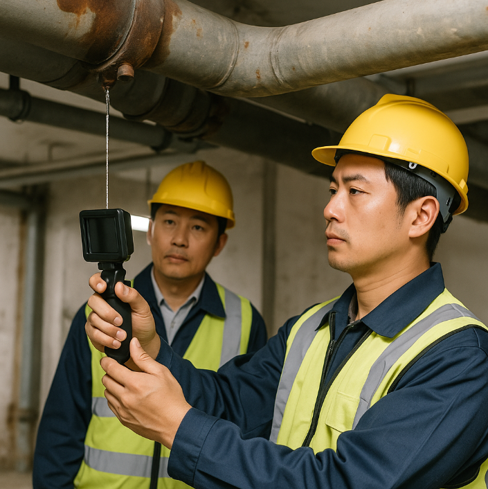 배관 누수 확인 중 카메라로 내부 촬영하는 유지보수팀의 모습