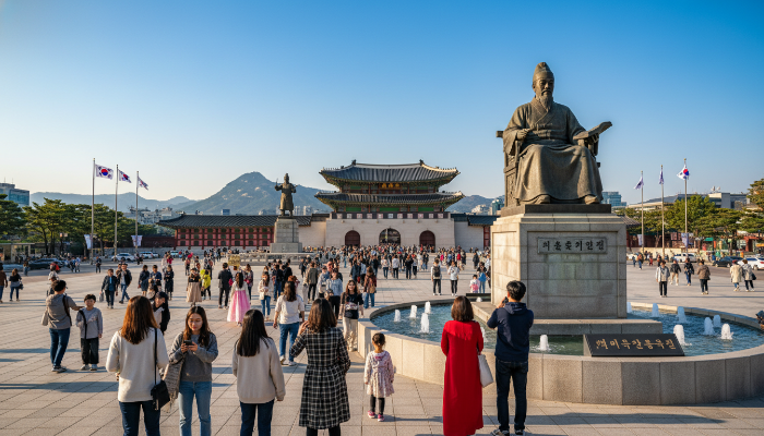 2025년 광화문광장의 웅장한 전경. 세종대왕 동상과 뒤편의 경복궁 광화문이 보이며, 많은 관광객이 한국의 역사와 문화를 체험하고 있습니다.